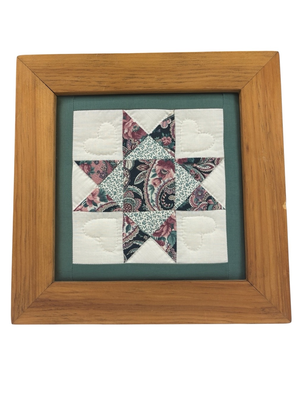 Vintage Wood Framed  Hand Quilt Block Wall Art Ohio Star Hearts Boho Country
